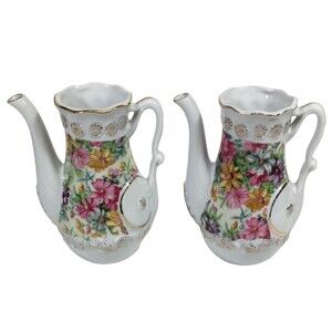 2 Tilso Porcelain Pitcher Small Teapot Flower Bud Vase Set Vtg Japan Floral Pair